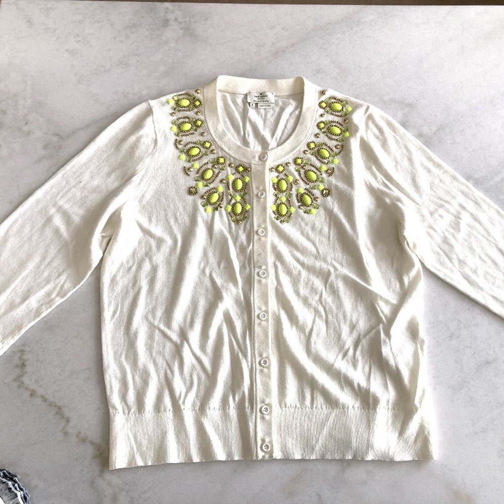 Kate Spade cream cardigan button up sweater, gold & yellow embellishments (sz L)